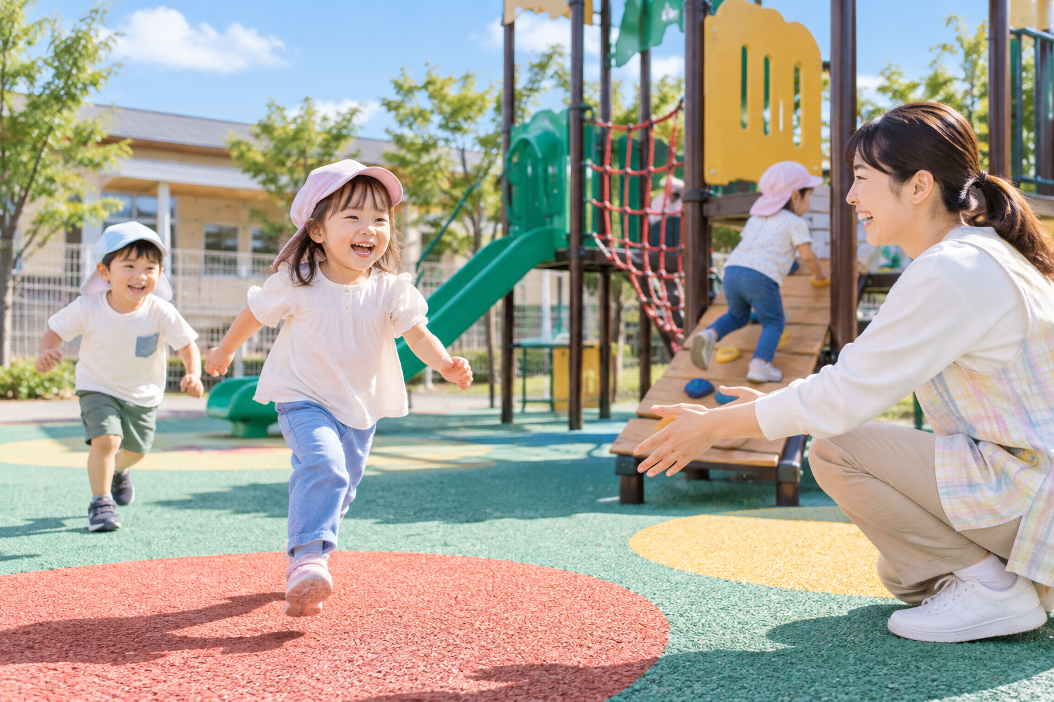 ゴムチップ舗装された園庭で遊ぶこどもたちと職員